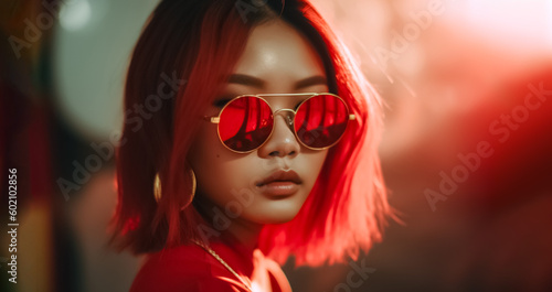 With her red hair and trendy sunglasses, this Asian girl looks effortlessly chic as she stands outdoors and gazes confidently at the camera. generative AI..