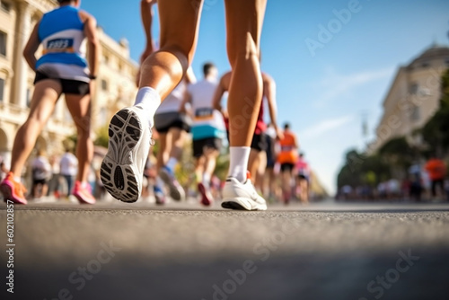 Rear view of low angle legs of marathon runner with copy space Generative AI