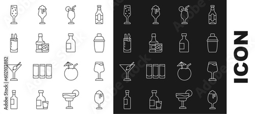 Set line Glass of beer, Wine glass, Cocktail shaker, Whiskey bottle and, Bloody Mary, champagne and vodka icon. Vector