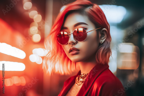 With her red hair and trendy sunglasses, this Asian girl looks effortlessly chic as she stands outdoors and gazes confidently at the camera. generative AI..