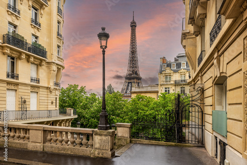 Paris France, avenue de camoens in Overlooking the Eiffel Tower. Classic French architecture and view in Paris City Centre. 