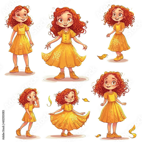 A little girl , curly red hair, wearing yellow dress, different poses, full body image, children's book style, illustration. Vector graphic