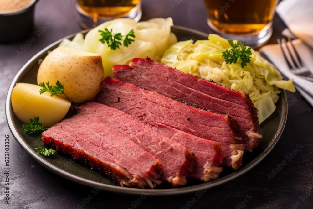 An overhead shot of a plate of traditional Irish corned beef and cabbage with a green beer in the background. Generative AI An overhead shot of a plate of traditional Irish corned beef and cabbage with a green beer in the background. Generative AI