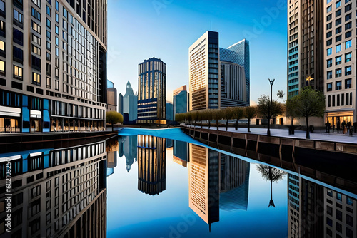  cityscape reflected in a puddle or a body of water