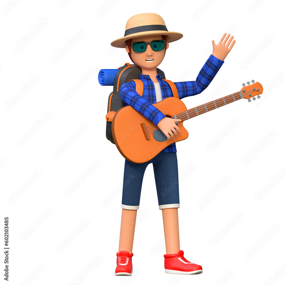 backpacker playing guitar 3d cartoon character illustration backpacker playing guitar 3d cartoon character illustration