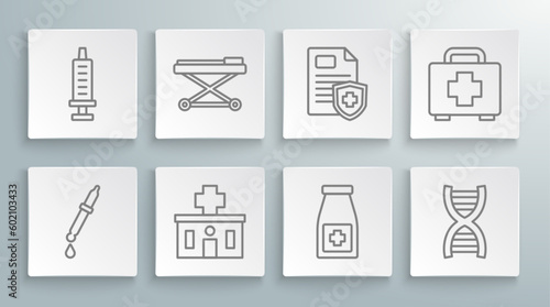 Set line Pipette, Stretcher, Hospital building, Medicine bottle and pills, DNA symbol, Patient record, First aid kit and Syringe icon. Vector