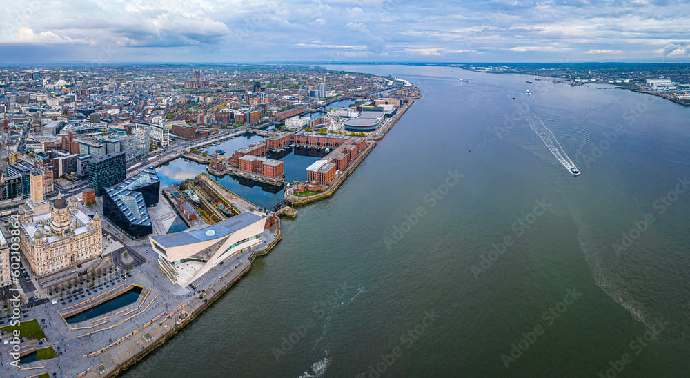 Aerial view of Liverpool waterfront ready for Europvision song contest 2023, England