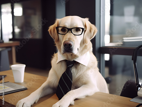 Golden retriever dog working in office. Concept of officer, chairman, chief or boss. AI generated image