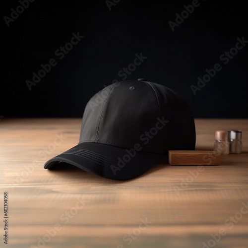 Black baseball cap mockup template for branding on dark. Black canvas fabric cap. Cap for premium clothing accessary. Realistic 3D illustration. Generative AI