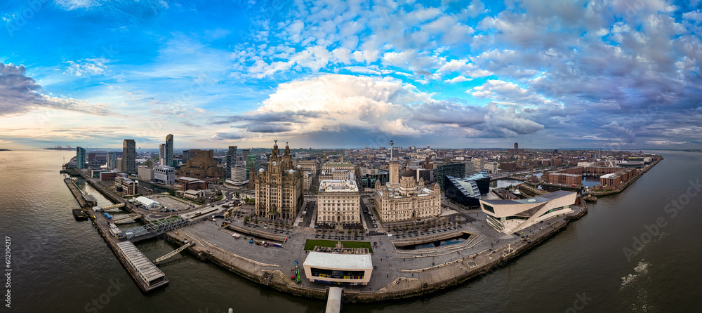 Obraz premium Aerial view of Liverpool waterfront ready for Europvision song contest 2023, England