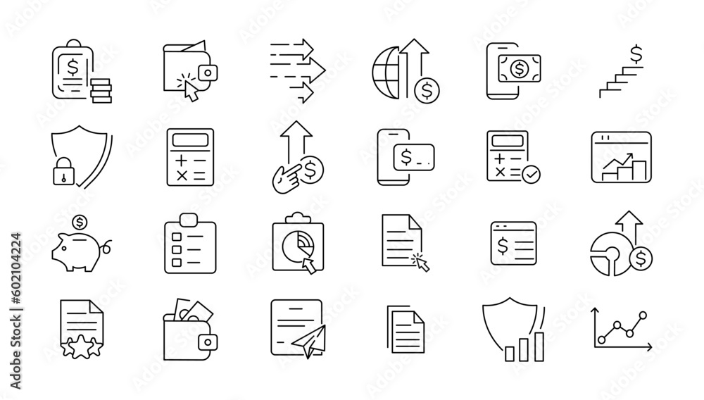 Money and taxes linear icons collection.Money and taxes black icons.Big UI icon set in a flat design. Thin outline icons pack. Vector illustration Money and taxes linear icons collection.Money and taxes black icons.Big UI icon set in a flat design. Thin outline icons pack. Vector illustration