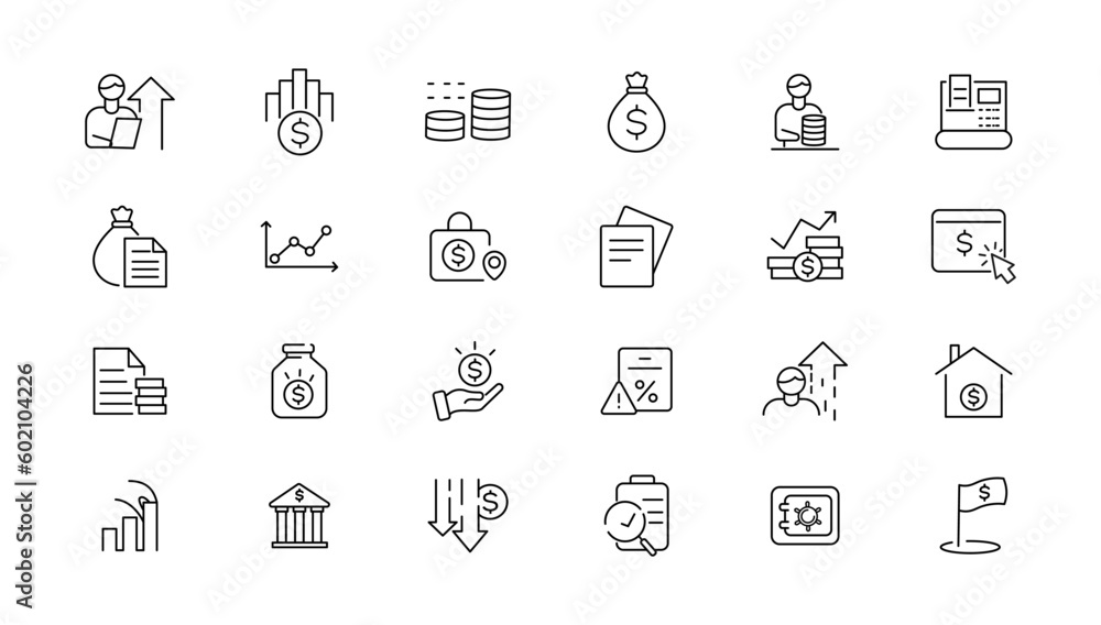 Money and taxes linear icons collection.Money and taxes black icons.Big UI icon set in a flat design. Thin outline icons pack. Vector illustration Money and taxes linear icons collection.Money and taxes black icons.Big UI icon set in a flat design. Thin outline icons pack. Vector illustration