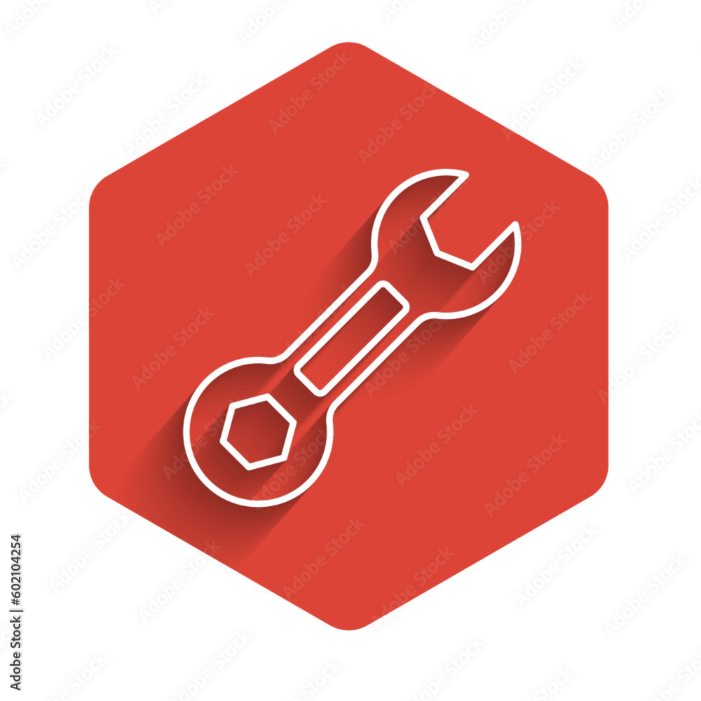 White line Wrench spanner icon isolated with long shadow. Red hexagon button. Vector White line Wrench spanner icon isolated with long shadow. Red hexagon button. Vector