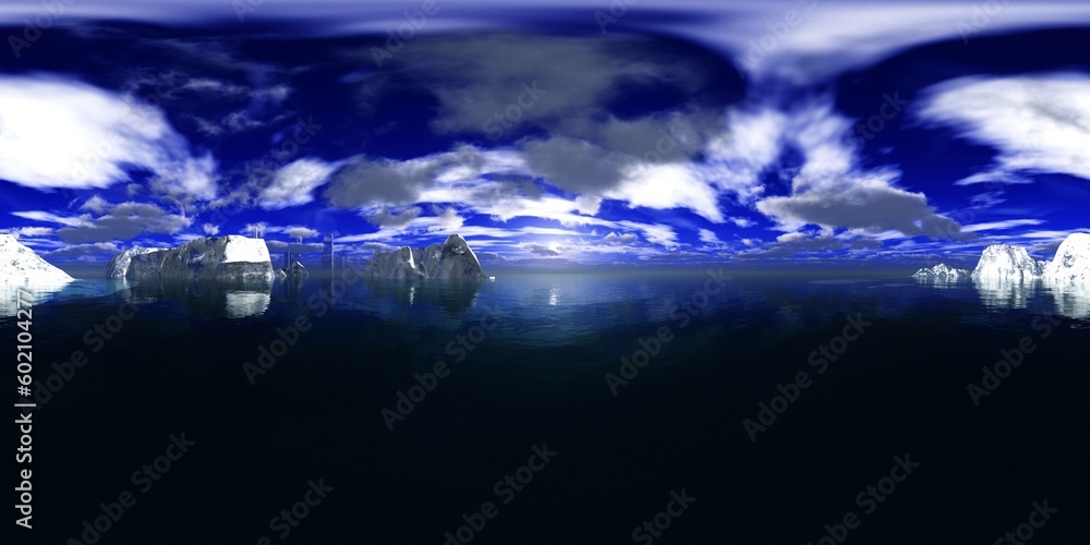 icebergs in the ocean, HDRI, environment map , Round panorama, spherical panorama, equidistant projection, 360 high resolution panorama 
3d rendering,