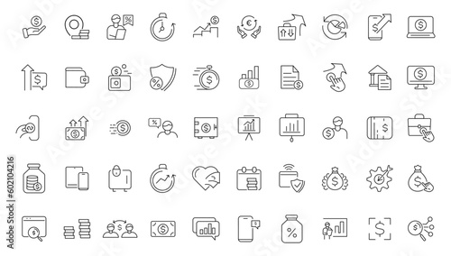 Money and taxes linear icons collection.Money and taxes black icons.Big UI icon set in a flat design. Thin outline icons pack. Vector illustration