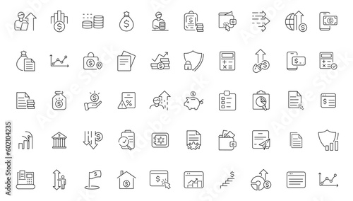 Money and taxes linear icons collection.Money and taxes black icons.Big UI icon set in a flat design. Thin outline icons pack. Vector illustration