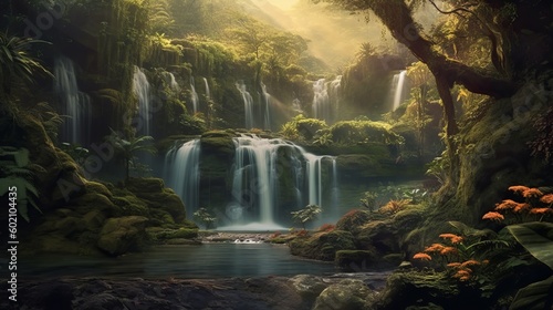 Peaceful waterfall and plants scene