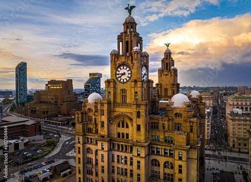 Aerial view of the Royal Liver building  a Grade I listed building in Liverpool  England