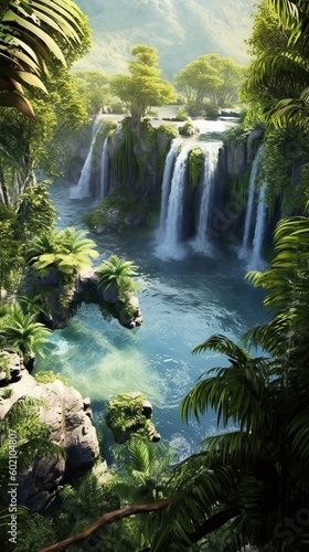 Peaceful waterfall and plants scene