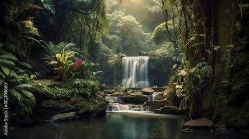 Peaceful waterfall and plants scene