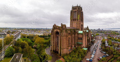 Aerial view of the Liverpool Cathedral, the seat of the Bishop of Liverpool and the biggest cathedral in Britain