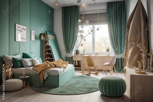Modern minimalistic interior of the childrens room  green  white and golden colors. Super photo realistic background  generative ai illustration.