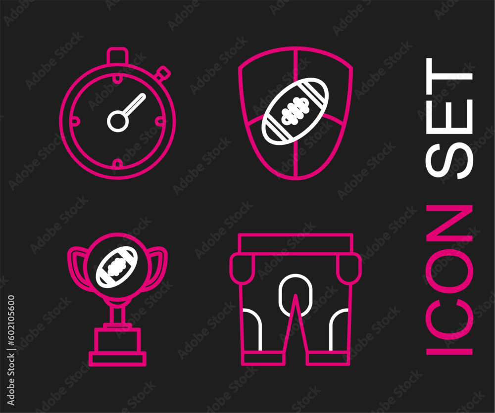 Set line American football shorts, Award cup and, Football shield and Stopwatch icon. Vector Set line American football shorts, Award cup and, Football shield and Stopwatch icon. Vector