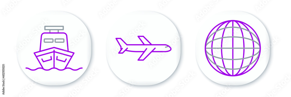 Set line Earth globe, Ship and Plane icon. Vector Set line Earth globe, Ship and Plane icon. Vector