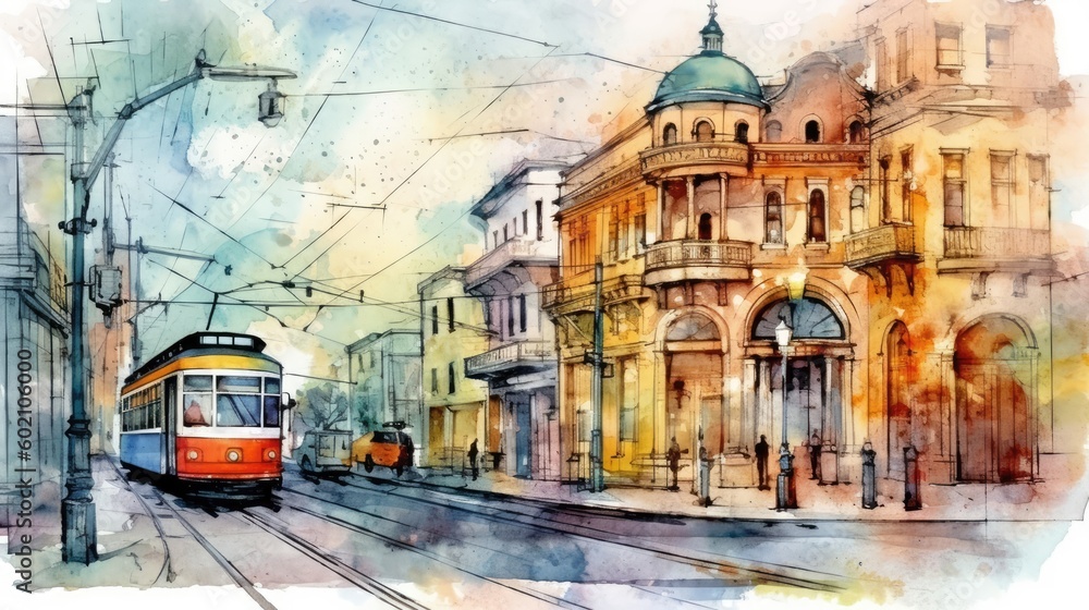 Fototapeta premium A colorful watercolor painting of a city's landmarks, transport, buildings, and rainy day. (Generative AI)