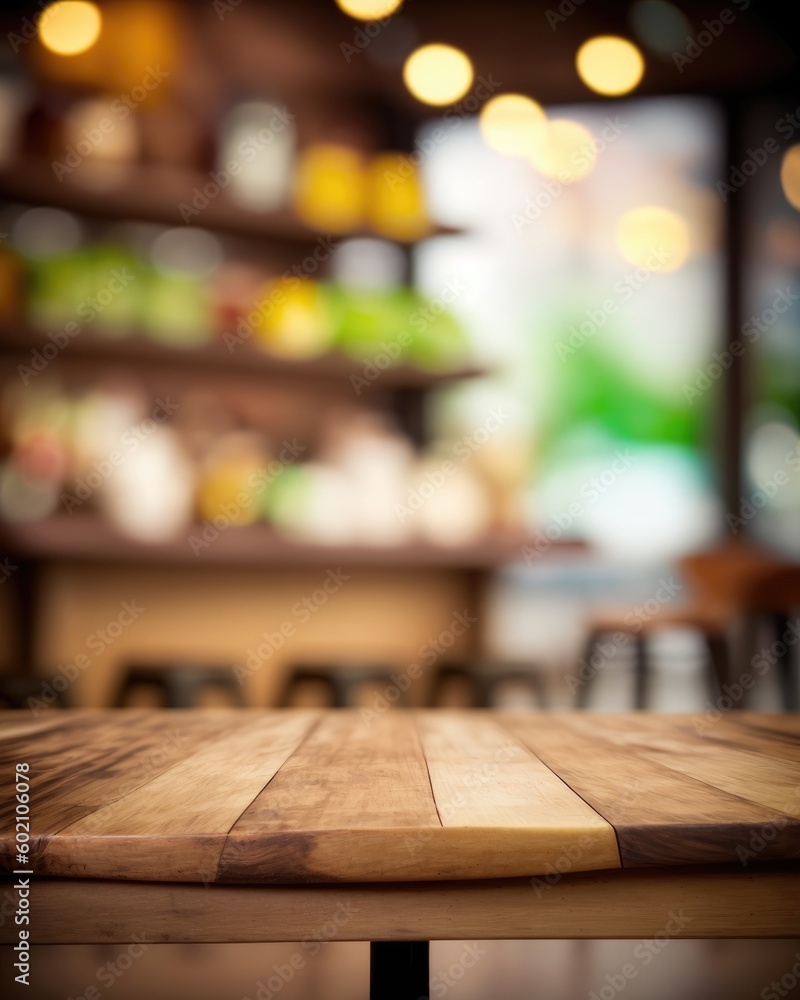 A blurred cafe background with a wooden table ideal for display or decor. (Generative AI)