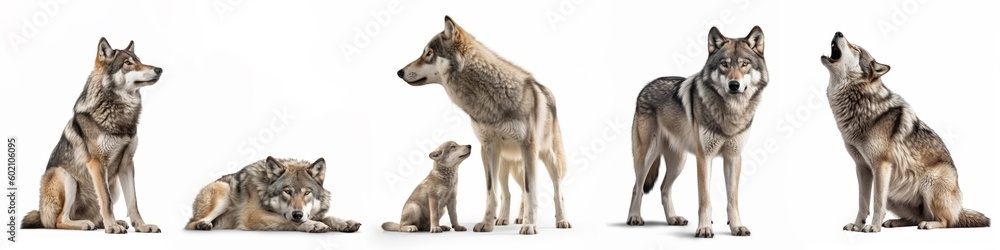 Fototapeta Wildlife animals wolves banner panorama long - Collection of standing, sitting, howling, lying group of wolf family with young baby, isolated on white background, Generative Ai