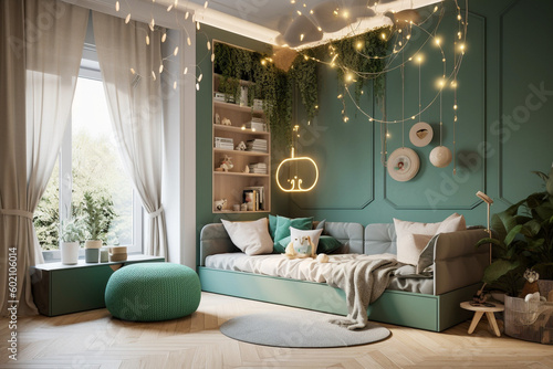 Modern minimalistic interior of the childrens room, green, white and golden colors. Super photo realistic background, generative ai illustration. © Anna