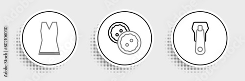 Set line Zipper, Woman dress and Sewing button for clothes icon. Vector