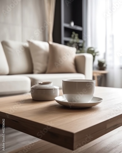 A white coffee cup sits on a wooden table with living room backdrop.  Generative AI 