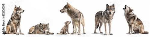 Wildlife animals wolves banner panorama long - Collection of standing, sitting, howling, lying group of wolf family with young baby, isolated on white background, Generative Ai