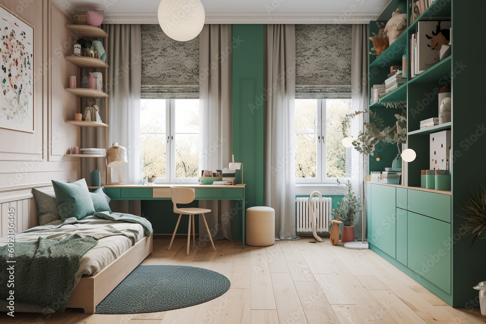 Fototapeta premium Modern minimalistic interior of the childrens room, green, white and golden colors. Super photo realistic background, generative ai illustration.
