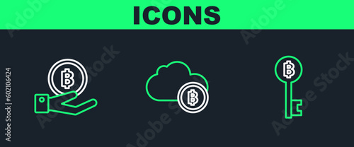 Set line Cryptocurrency Bitcoin key, Hand holding and cloud mining icon. Vector
