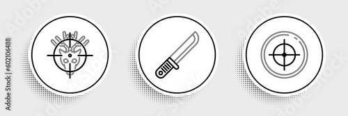 Set line Target sport for shooting competition, Hunt deer with crosshairs and Hunter knife icon. Vector