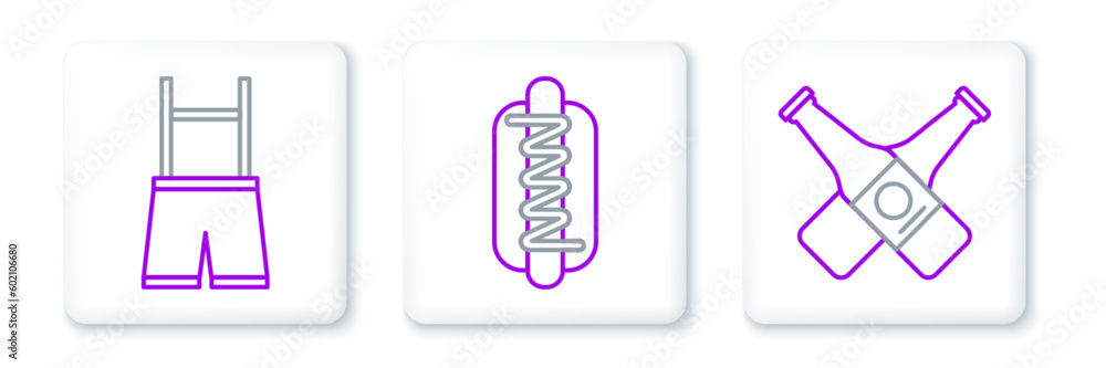 Set line Crossed beer bottle, Lederhosen and Hotdog sandwich with mustard icon. Vector Set line Crossed beer bottle, Lederhosen and Hotdog sandwich with mustard icon. Vector