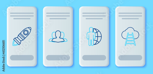 Set line Users group, Globe and people, Rocket ship with fire and Ladder leading to cloud icon. Vector
