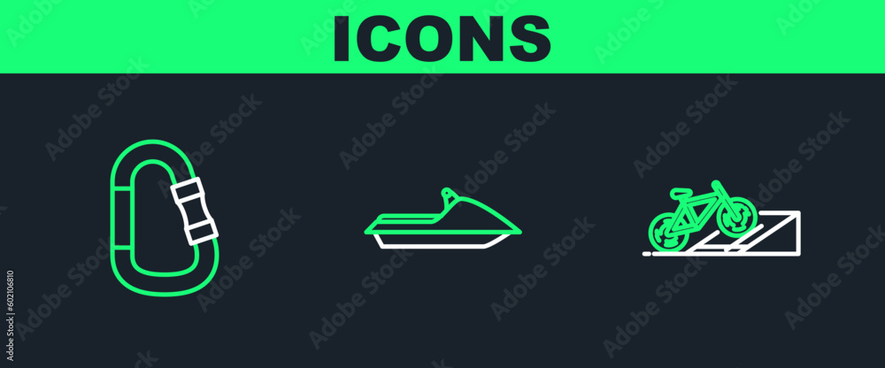 Set line Bicycle on street ramp, Carabiner and Jet ski icon. Vector Set line Bicycle on street ramp, Carabiner and Jet ski icon. Vector