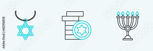 Set line Hanukkah menorah, Star of David necklace on chain and Jewish coin icon. Vector
