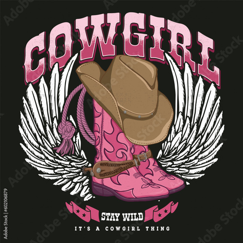 Cowgirl boots and hat Stay Wild. Cactus with Sunflower Sunset .Design of wild side. illustration of Cowgirl boot with western hat vector design. Retro Boots and Bling Its A Cowgirl Thing.