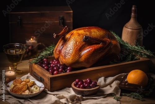 Roast duck in a baking dish on a wooden table with other ingredients to serve a festive dinner. AI generative