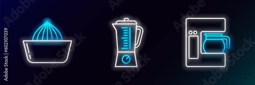 Set line Coffee machine with glass pot, Citrus fruit juicer and Blender icon. Glowing neon. Vector
