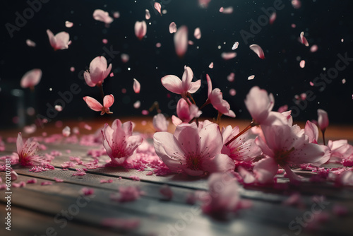 Cherry blossom petals falling from both sides. Flying fresh pink cherry petals. Spring time cherry blossom sakura. Realistic 3D illustration. Generative AI