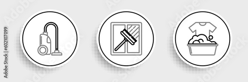 Set line Plastic basin with soap suds, Vacuum cleaner and Squeegee, scraper, wiper icon. Vector