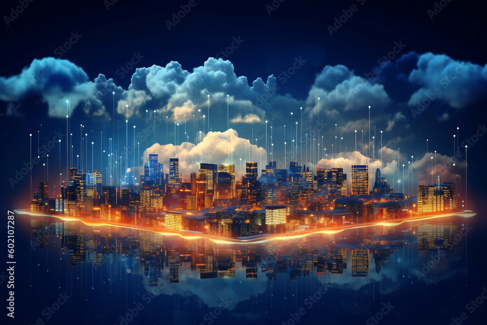 Fototapeta premium Secure cloud computing, digital city, and data center technology concept, generative Ai