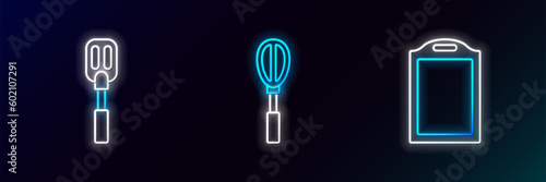 Set line Cutting board, Spatula and Kitchen whisk icon. Glowing neon. Vector