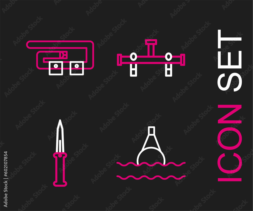 Set line Floating buoy on the sea, Army knife, Manifold and Diving belt icon. Vector Set line Floating buoy on the sea, Army knife, Manifold and Diving belt icon. Vector